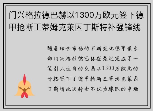 门兴格拉德巴赫以1300万欧元签下德甲抢断王蒂姆克莱因丁斯特补强锋线